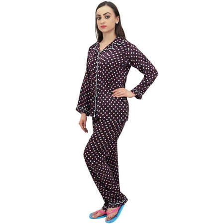 

Bimba Dot Printed Wine Button-Down Shirt With Elastic Waist Pajama Pants-4