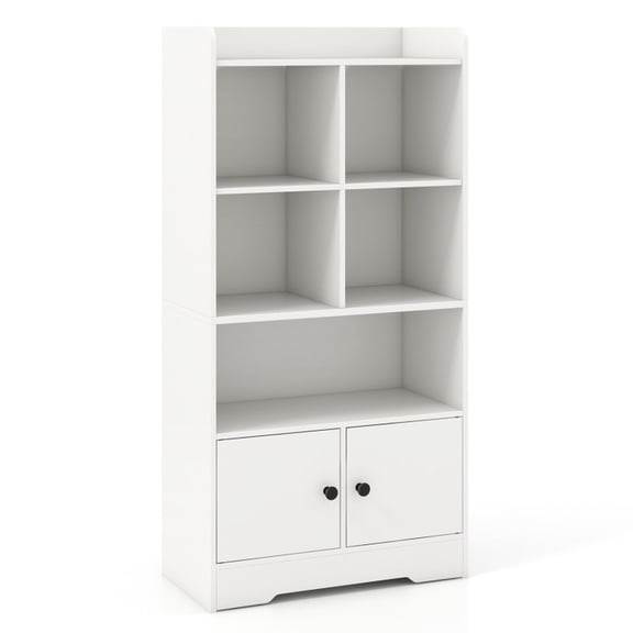 Furnibear 4 Tiers Bookshelf with 4 Cubes Display Shelf and 2 Doors White, 23.5" x 11.5" x 47.5" - Open Storage Display Rack for Home Office
