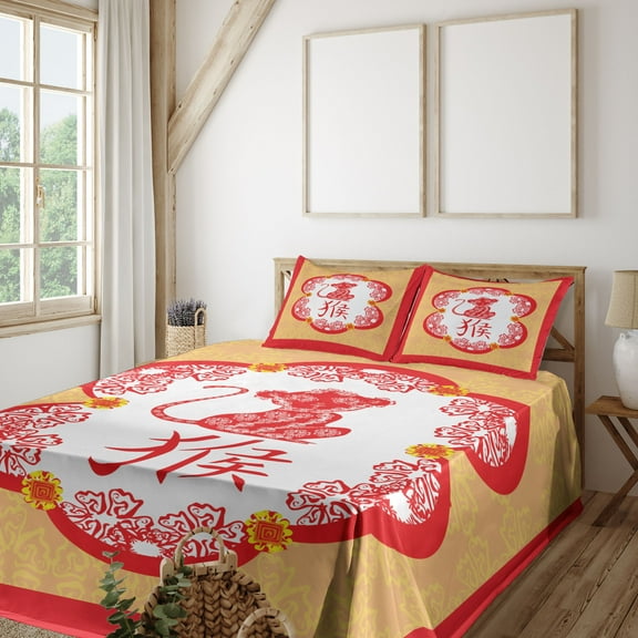 Ambesonne East Fitted & Top Sheet Set with Shams, Folk Art Monkey and Symbols, Mustard and Vermilion