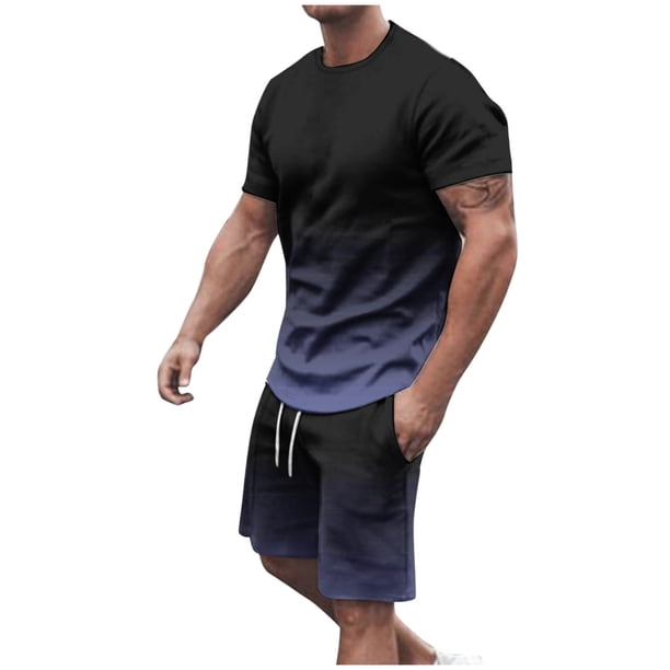 Mens Pantalones Casuales Cuello Redondo Impresión de Manga Corta Blusa Y Pantalones Cortos Traje, Pantalones de Traje para Hombres