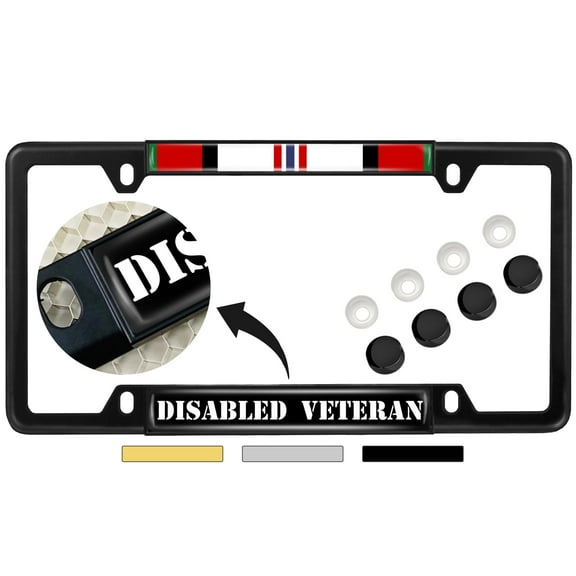Afghanistan Disabled Veteran - Domed Custom-Made Personalized Narrow (Thin) Top 4 Hole Metal Car License Plate Frame with Free caps - Black Frame (Qty: 1)