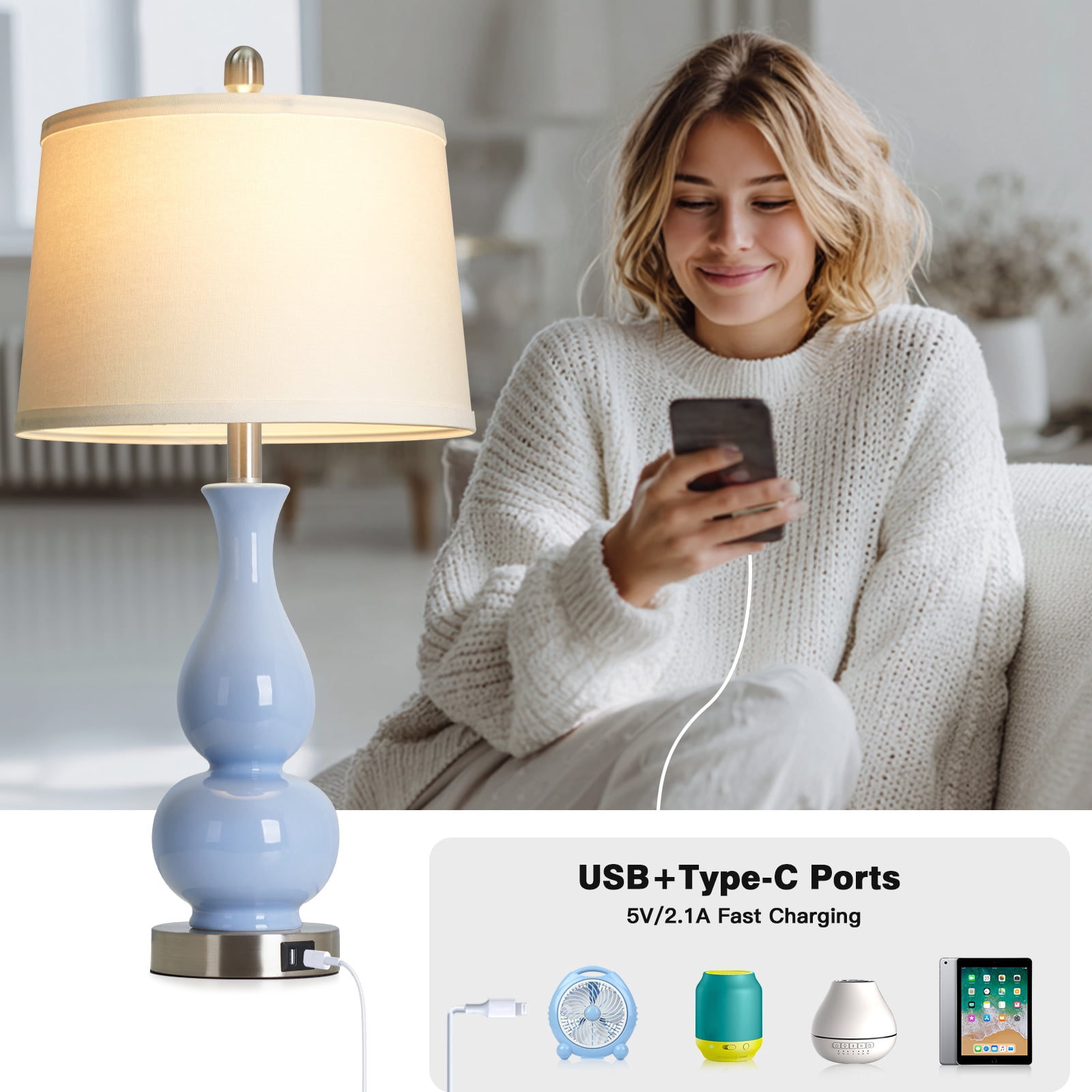 Lolikit Table Lamp Set of 2, Coastal Blue Ceramic Coastal Lamp, 27" Modern Nightstand Bedside Lamp for Living Room Bedroom, Bulbs Included