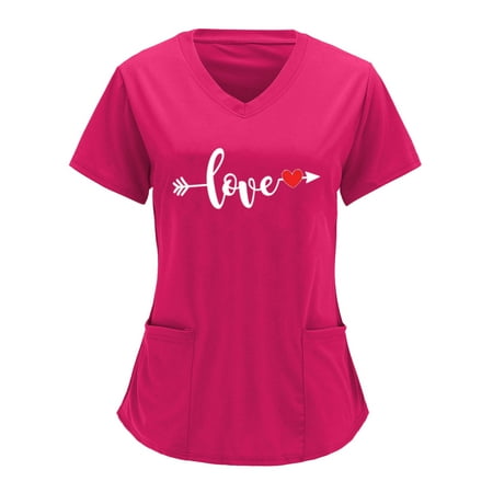 

TAIAOJING Women Scrubs Top Workwear Casual V Neck Valentine Day Printed Short Sleeve Working Shirt Top