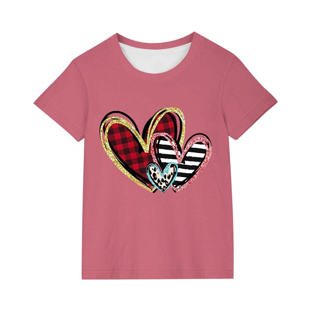 T-Shirt d'Été à Imprimé Cœur, Manches Courtes, Col Rond, Vêtements d'Été pour Filles, Chemise Confortable, Hauts Doux
