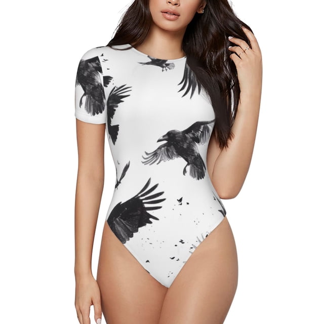 Bingfone Justaucorps à Col Rond Motif Corbeaux Volants Monochromes pour Femmes, Justaucorps à Manches Courtes à Boutons-Pression, Adapté pour Fête, Sports, Usage Quotidien-Moyen