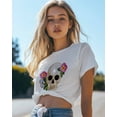 thumbnail image 4 of T Shirts for Women Short Sleeve Cotton Crewneck T-Shirt, Skull Flora Leafl Embroidery Tee Tops Casual Basic T-Shirts, XS-5XL White XXL, 4 of 7