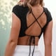thumbnail image 5 of Blusa negra con espalda descubierta y cordones para mujer, escote cruzado elástico y detalle de cordón, 5 of 8