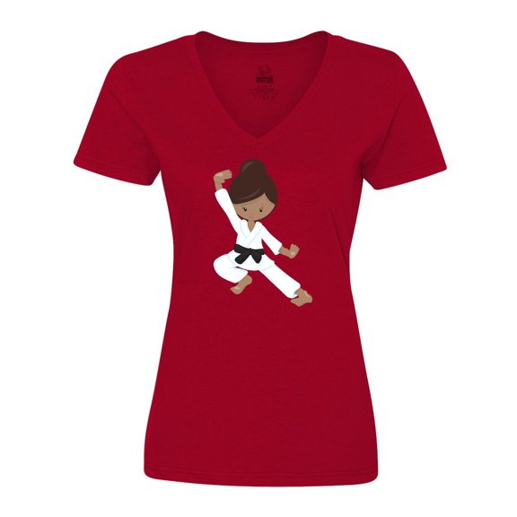 Inktastic African American Girl, Black Belt, Karate Pose Women's V-Neck T-Shirt