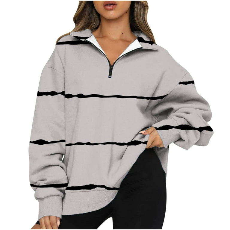 Ladies Sweatshirts without Hood Solid Stripe Lapel Neck Long Sleeve Pullovers for Women Oversized Sweatshirt Women Women Sweatsirts Half Zip Up Loose Fit T Shirt Blouse Lightweight Sweatshirt Womens W...