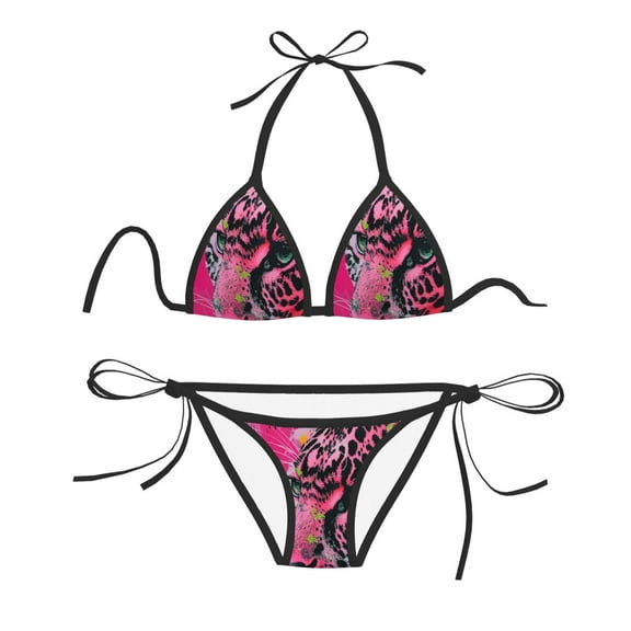 Women Two Piece Swimsuit Sexy Swimwear Halter String Triangle Bikini Sets - Neon Pink Leopard (2)