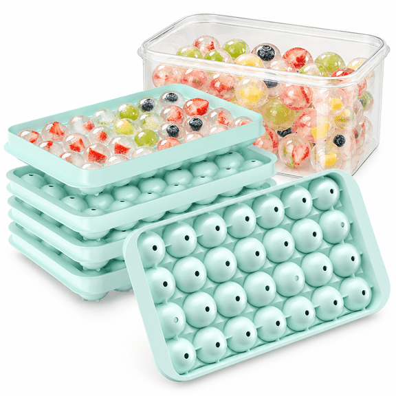 Ice Cube Tray with Lid and Bin - 3 Pack for 0.95 Inch Mini Ice Balls Mint Green