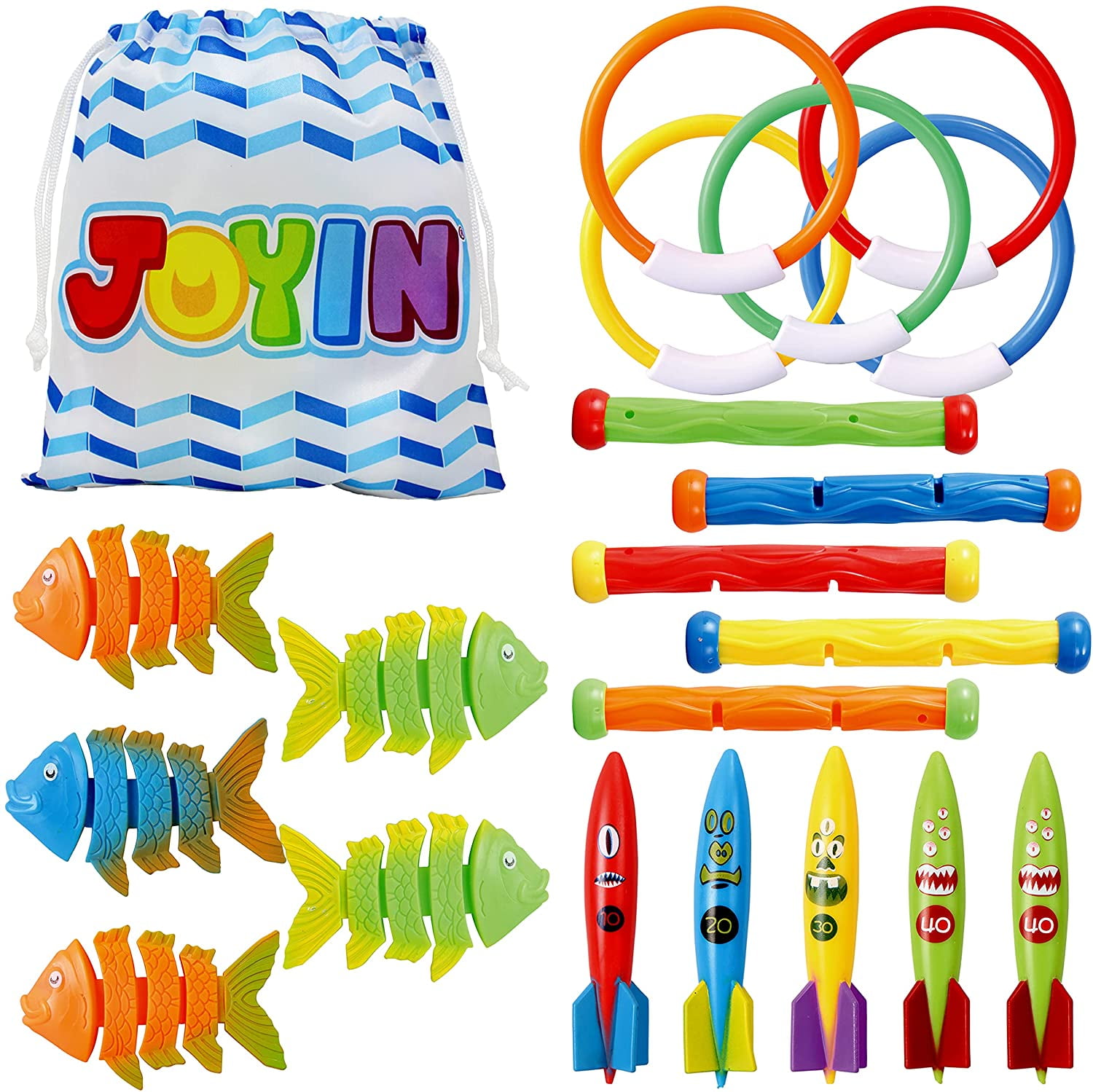Fun-Here Diving Toys 32 Pcs Pool Toys Swimming Training Water Game Dive Rings Sticks Grass Fish Treasures with Storage Bag for Kids Boys Girls Adults 