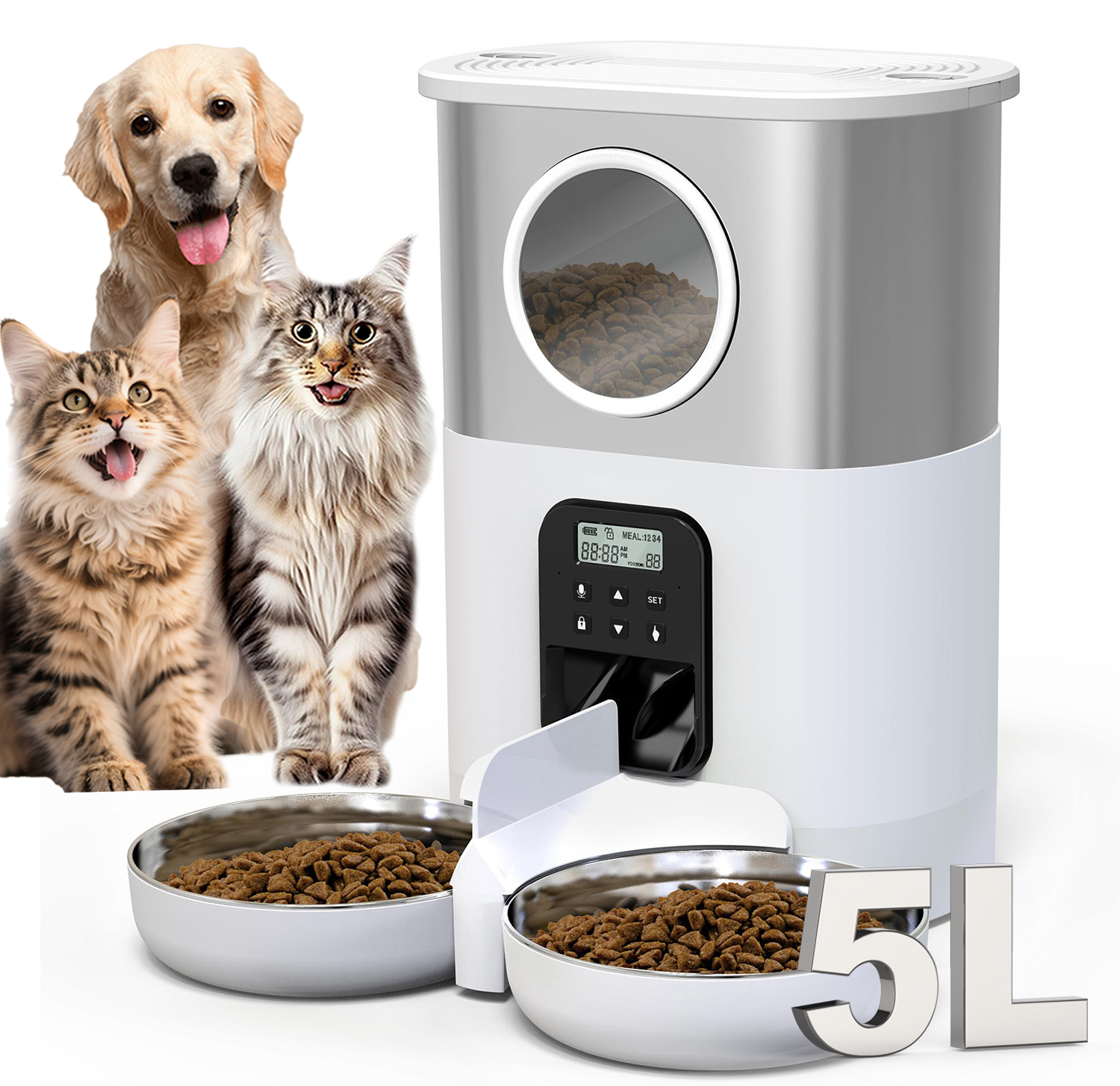 FURCLAN  Automatic Cat Feeder for 2 Cats, 5L Cat Automatic Feeder with Timer, Voice Function and 2 Stainless Steel Bowls for Cats and Small Pets, White