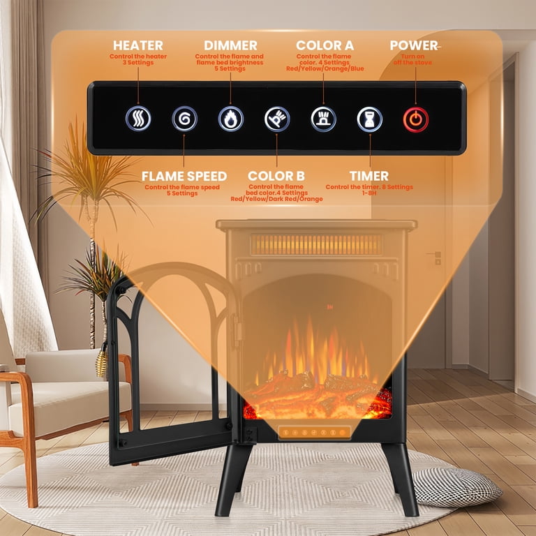 Auseo Electric Fireplace Heater 16 with 3D Realistic Flame Effect,  Freestanding Fireplace with Remote Control, Timer, Different Flame Color,2  Heating Modes 500W/1500W, Black - Walmart.com