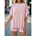 thumbnail image 2 of 2 Pcs Women's Striped Outfits Oversized Batwing Short Sleeve Tops High Waisted Shorts Summer Knit Lounge Short Sets, 2 of 7