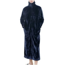 uublik Mens Fleece Robe Zipper Full Length High Collar Bathrobe Warm House Robe Navy