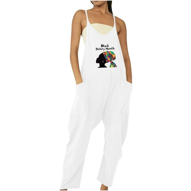 UPPADA Combinaisons pour Femmes Unies à Col en V Sans Manches Combinaison à Bretelles Spaghetti Combishort Ample une Pièce Salopettes Décontractées avec Poches Blanc,m