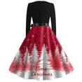 thumbnail image 3 of Women's Christmas Flare Dress Long Sleeve Round Neck Retro Party Casual Dress with Snowflake, Christmas Tree, Snowman Print, Hollow Out Design for Holiday, Merry Christmas,White,XL, 3 of 3