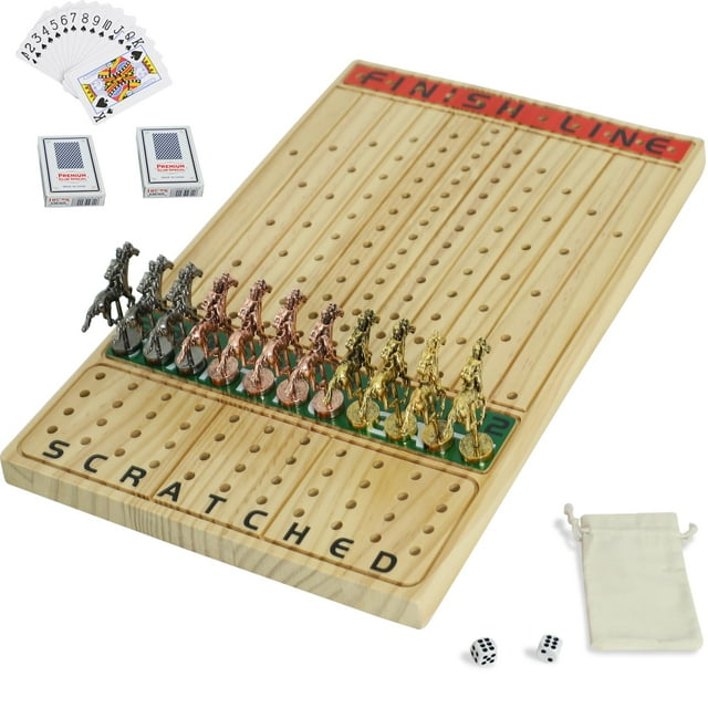 Jyquorp Horse Race Board Game Racing Game Thickened Solid Wood with 11 Luxurious Durable Classic Metal Horses with 2 Dice and 2 Boxes of Cards Horse Racing Game (Log Col