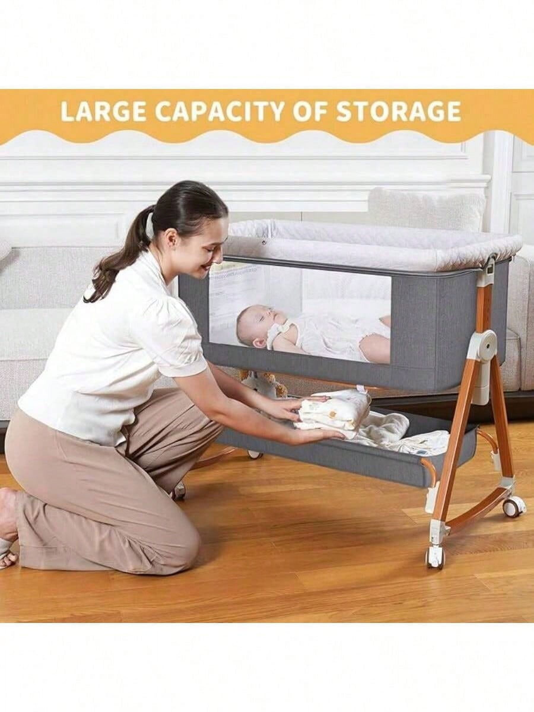 kmaier 3 in 1 Baby Bassinet Sleeper, 6-Section Height Adjustable Crib, Foldable Portable Crib Side Sleeper- Light Gray