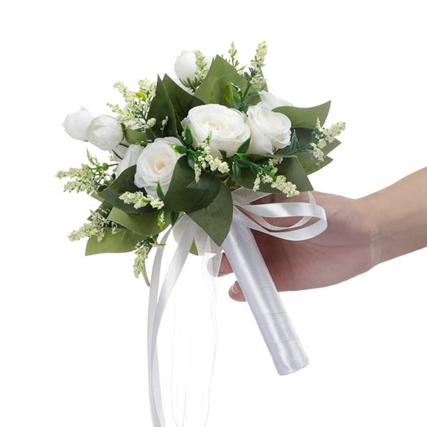 Wedding Bouquet, White Rose Bouquet Bridal Bouquet with Soft Ribbons