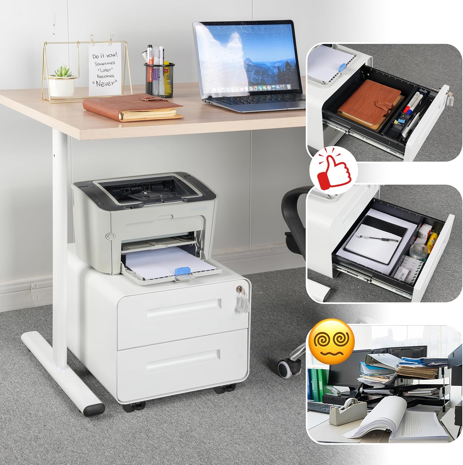 Under Desk Printer Stand with Storage – 2-Drawer Printer Table for Home & Office, Mobile Printer Cart with 2 Sets of Casters and Lockable Drawers, 4 Keys, White