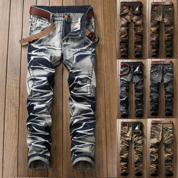 JURANMO Men's Jeans Vintage Washed Denim Pants Ripstop Slim Leg Trousers Casual Outdoor Active Pants Coffee S