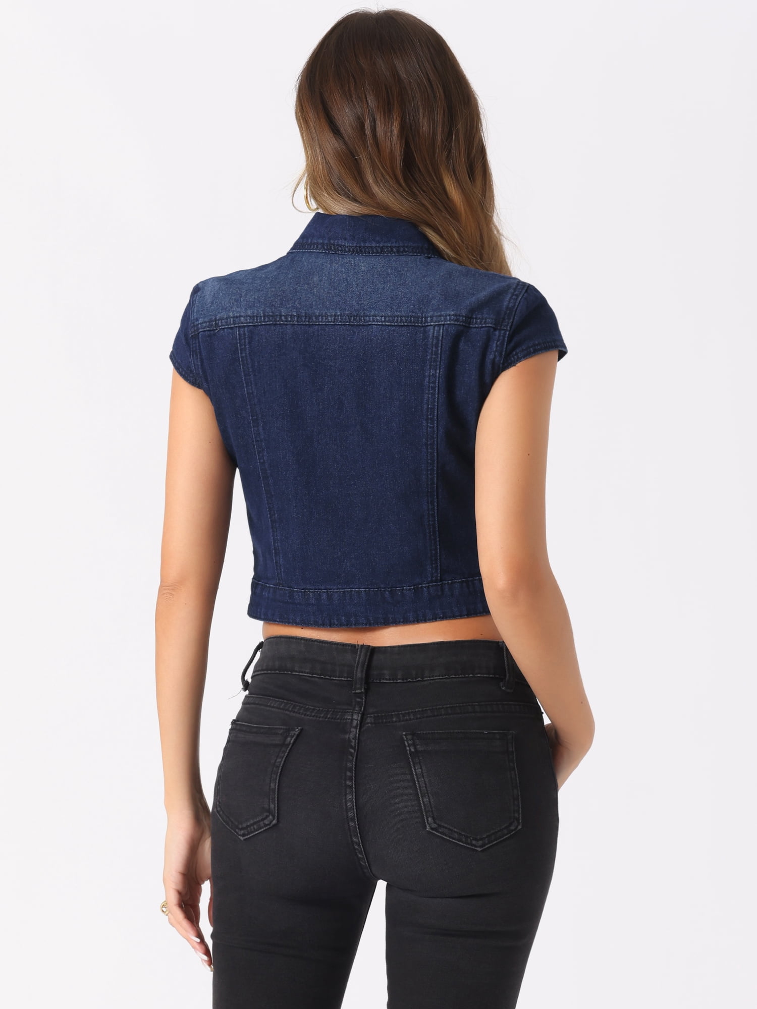 DARING DIVA Women's Cap Short Sleeve Cropped Denim Jacket M Deep Blue