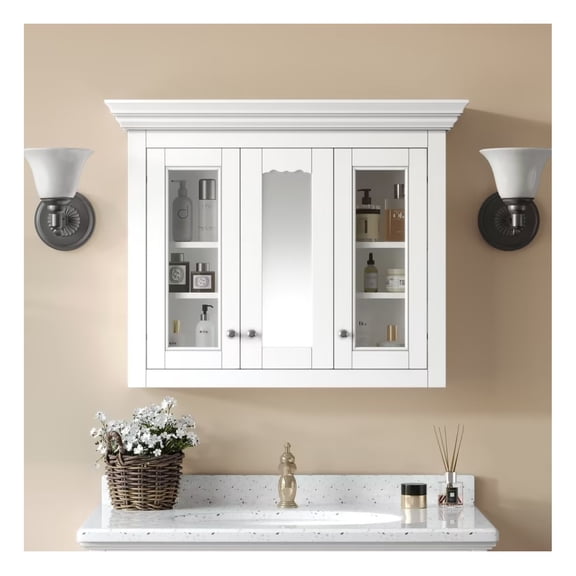 35" Bathroom Medicine Cabinet with Mirror, 5 Closed & Adjustable Shelves, Bathroom Wall Mounted Storage Cabinet with Glass Doors