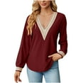 thumbnail image 2 of Azrian Prime Day Deals Today 2023,Women's Fashion Solid V-Neck Lace Long Sleeve Loose T-shirt Top Clearance Sale, 2 of 6