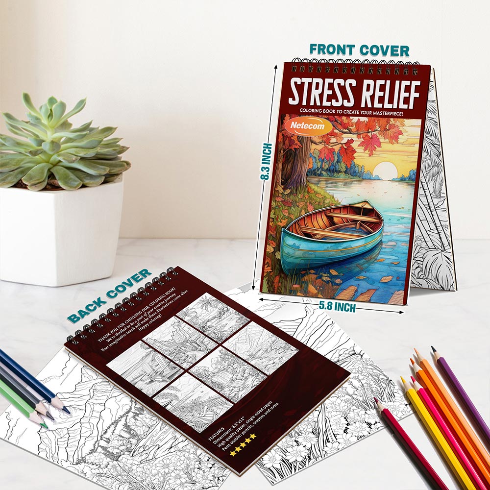 Netecom Stress Relief Coloring Book Spiral Bound For Adults, A5 Wooden Cover, 30 Calming Coloring Pages of Tranquil Landscapes for Stress Relief and Relaxation