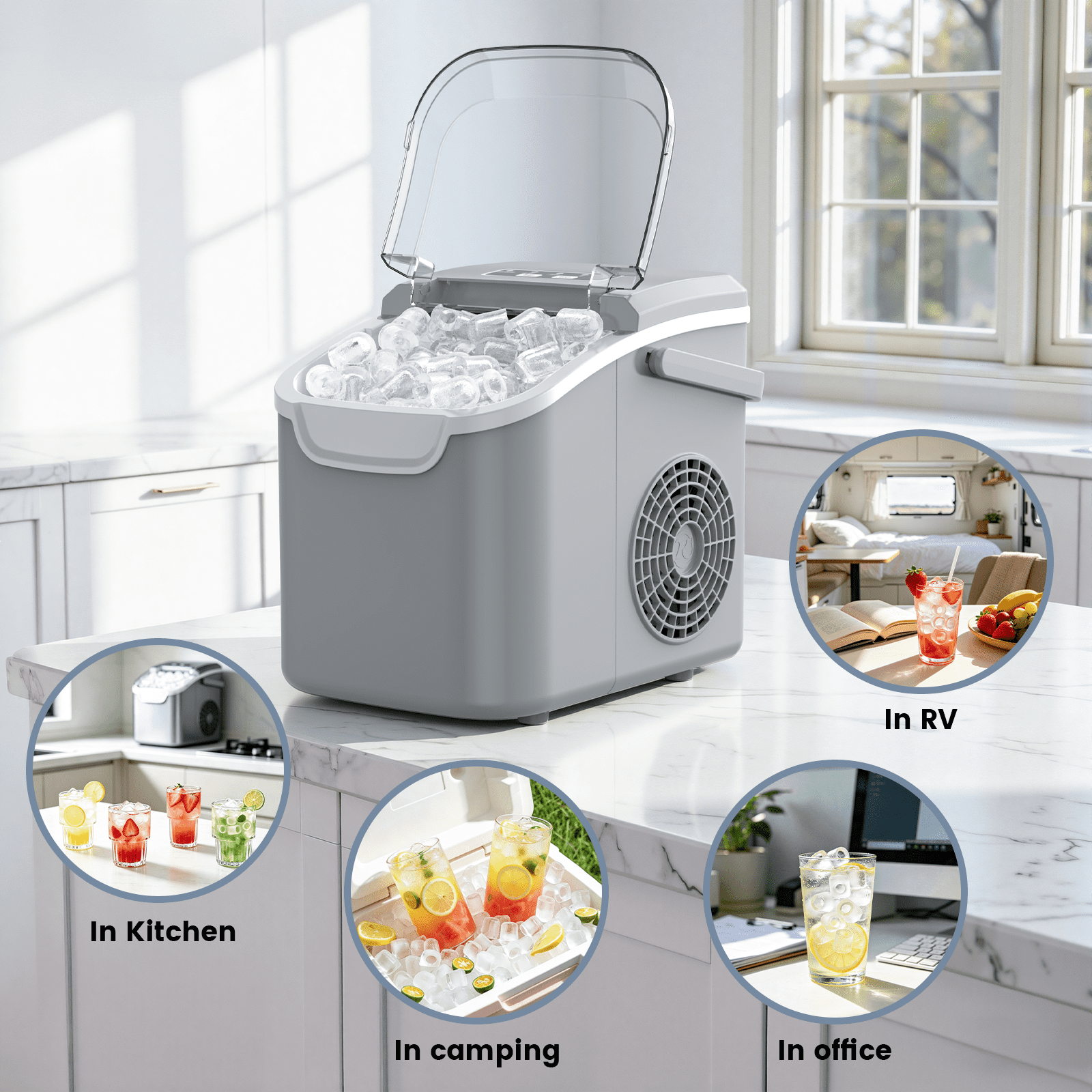 KNDKO Countertop Ice Maker Ice Machine With Handle,Self-Cleaning Ice Makers, 26Lbs/24H, 8 Ice Cubes Ready In 6 Mins For Home/Kitchen/Bar/Party/Camping
