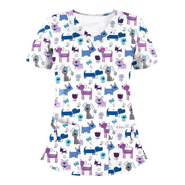 LSLJS Blouse à Manches Courtes à Col en V pour Femmes, Blouse d'Uniforme de Travail Imprimée, Sarraus pour Femmes Grande Taille