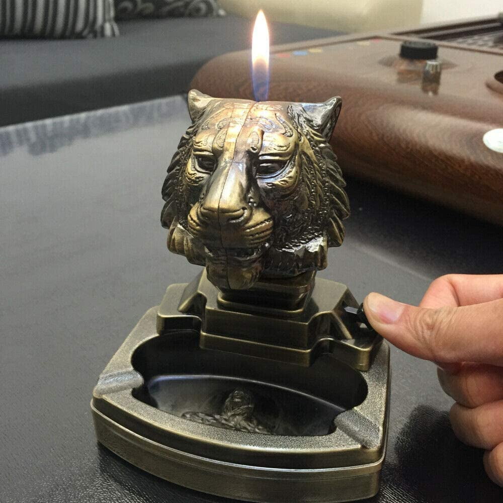 Piioket Tiger Shaped Style Cigar Cigarette Lighter Refillable Butane Gas Fuel Lighter with Ashtray Ash Tray
