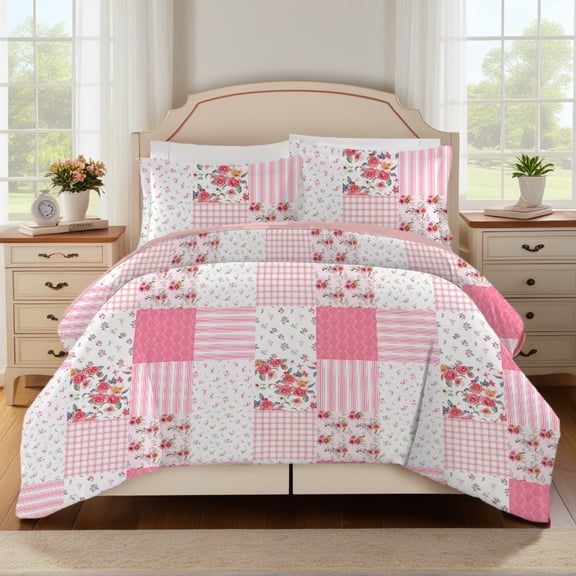 Psoiuetr Queen Comforter Set Pink Spring Floral Comforter Queen Size Patchwork Flower Cozy Bedding Set 3 Pieces Cute