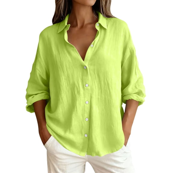 Ecqkame Women's Button-Up Shirts Summer Cotton Linen Solid Color Lapel Long Sleeved Tops Lightweight Ruffle Cuff Blouses Green L