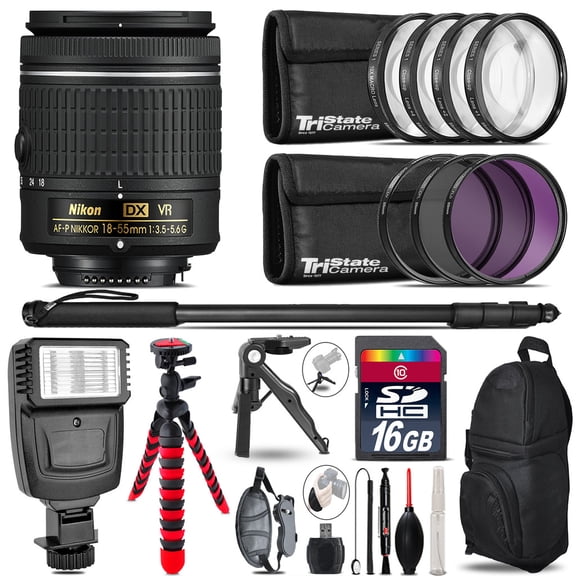 Nikon AF-P 18-55mm VR + Slave Flash + MACRO, UV-CPL-FLD - 16GB Accessory Bundle