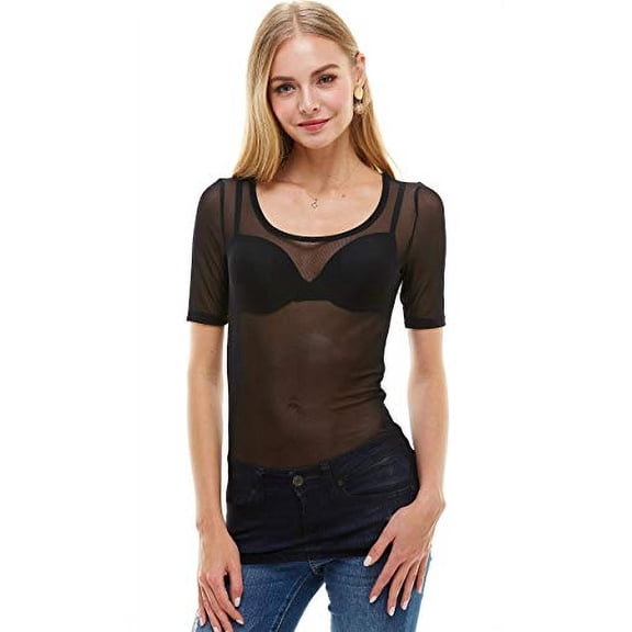 Imagenation Short Sleeve Mesh Sheer See Through Round Scoop Neck Top, Large, Black