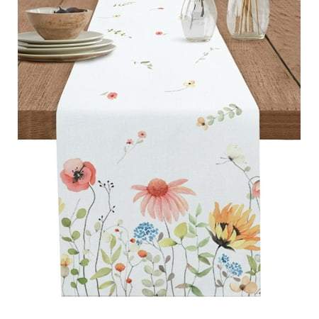 

Spring Watercolor Flower Leaves Table Runner Wedding Decor Table Cover Dinner Holiday Party Cotton Linen Tablecloth