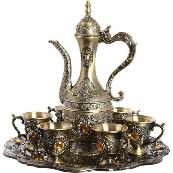 Turkish Tea Set for Adults, Vintage Tea Set Turkish Tea Cups Turkish Tea Kettle Turkish Coffee Set with 1 Tray 1 Teapot and 6 Teacups, Tea Set for Adults Home Decor Birthday Christmas (Bronze Yellow)
