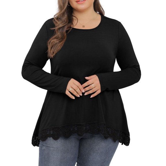 Cueply Womens Plus Size Tops Long Sleeve Shirts Crewneck Lace Tunic Blouses XL-4XL