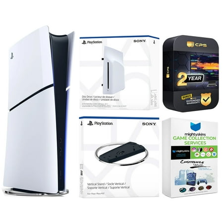 Sony PlayStation 5 Slim Digital Bundle with Disc Drive, Vertical Stand, MightySkins Game Collection Services, and 2 Year Extended Warranty