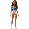 thumbnail image 1 of Traje de baño Barbie Doll Beach con diseño de bandera estadounidense, morena, 1 of 5