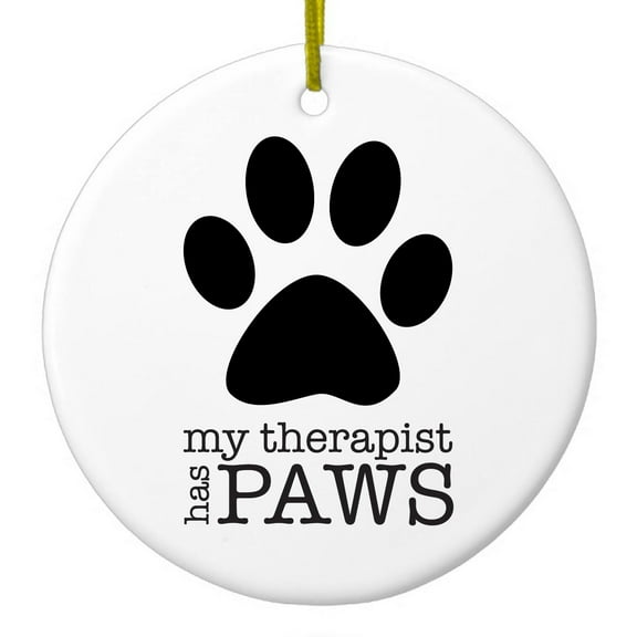 DistinctInk Hanging Ceramic Christmass Tree Ornament with Gold String - Great Gift / Present - 2 3/4 inch diameter - My Therapist Has Paws