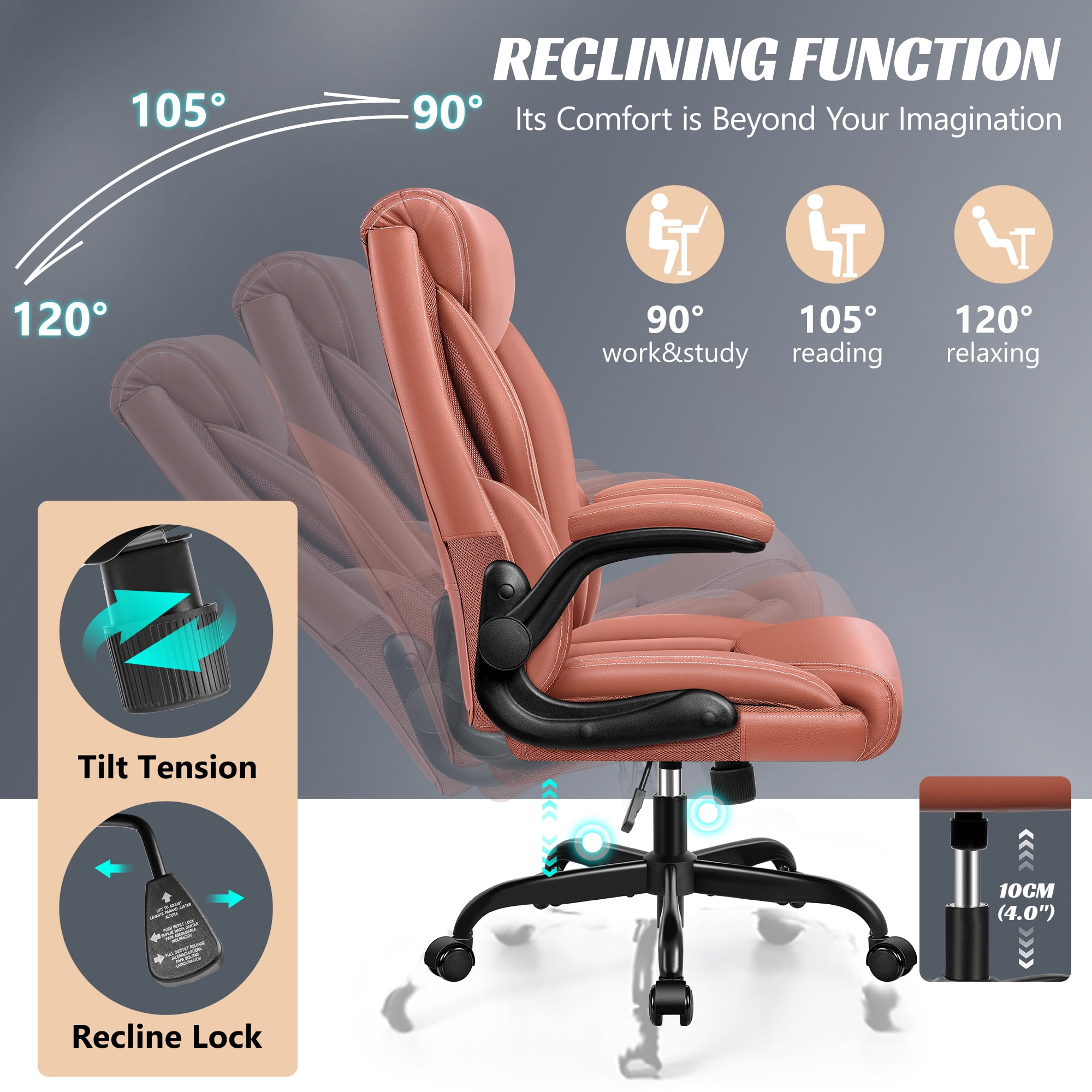 ATHOPE Executive Office Chair, Leather Office Chair with High Back Flip Up Armrests, Height Adjustable Comfy Desk Chair with Wheels, Ergonomic Computer Chair, Matte Brown