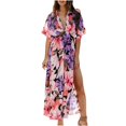 thumbnail image 1 of Mefallenssiah Mode Femmes Été Casual Manches Courtes V Cou Impression Robe, 1 of 5