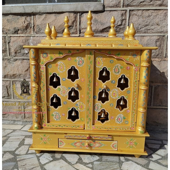 Wooden Temple Bells Mandir | Handcrafted Pooja Ghar with Intricate Embossed Design for Worship & Indian Art Décor