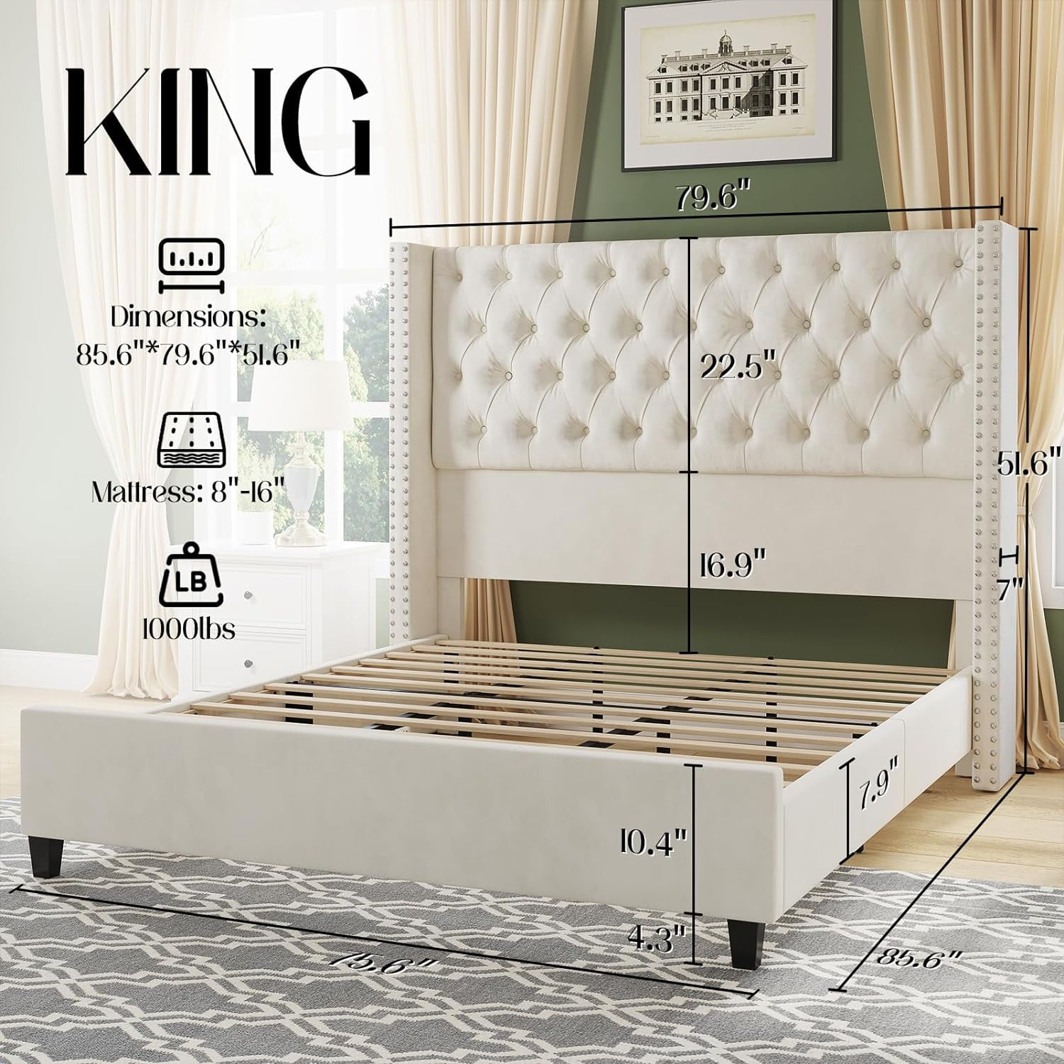 Merluxy King Bed Frame with Deep Button Tufted and Velvet Wingback Headboard,No Box Spring Needed,Cream
