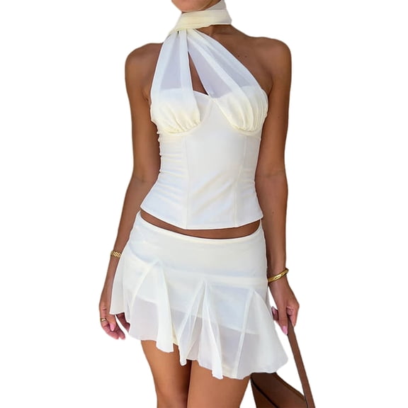 Women'S Y2K 2 Piece Skirts Set Sleeveless Hanging Neck Vest Crop Top and Skirts Matching Set Summer Set White L