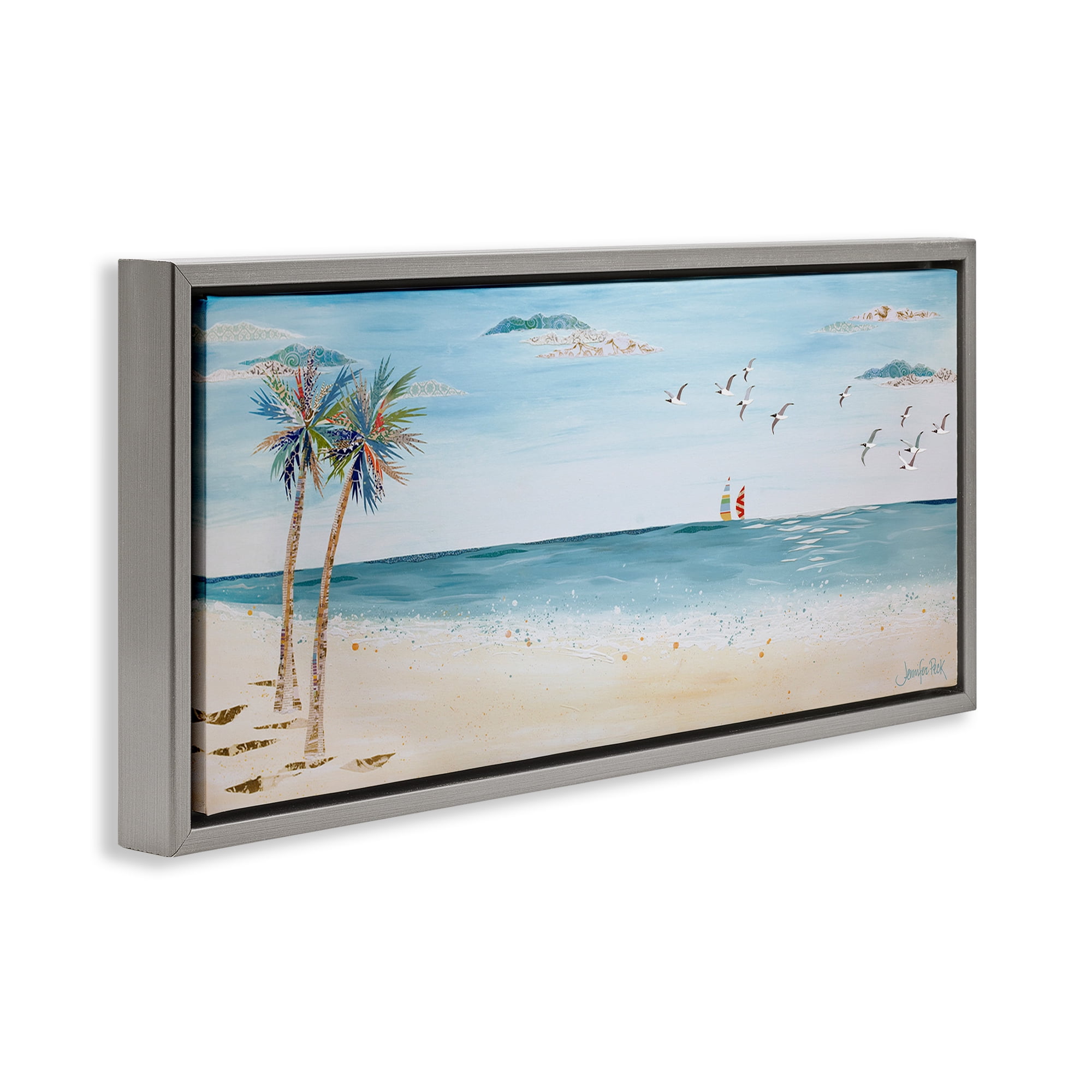 Stupell Industries Seagulls & Palm Beach Landscape Painting Gray Floater Framed Canvas Art Print Wall Art, 25 x 11